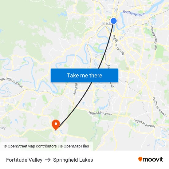 Fortitude Valley to Springfield Lakes map