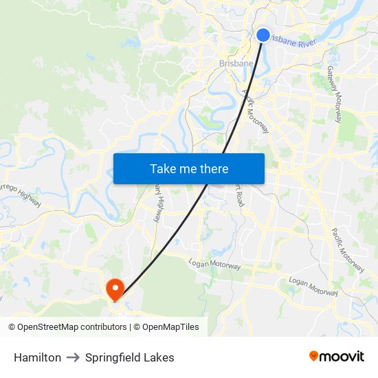 Hamilton to Springfield Lakes map