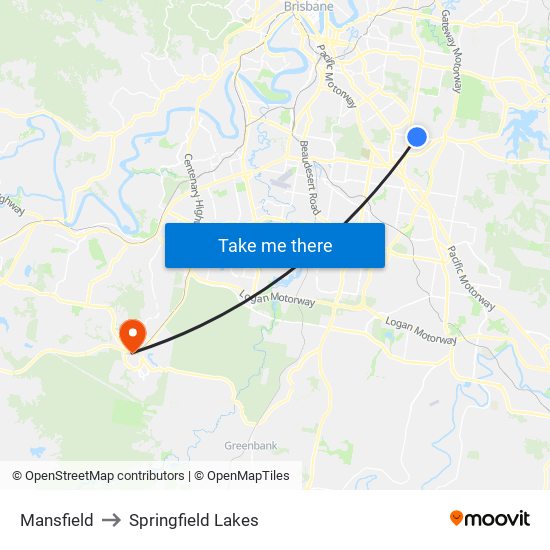 Mansfield to Springfield Lakes map