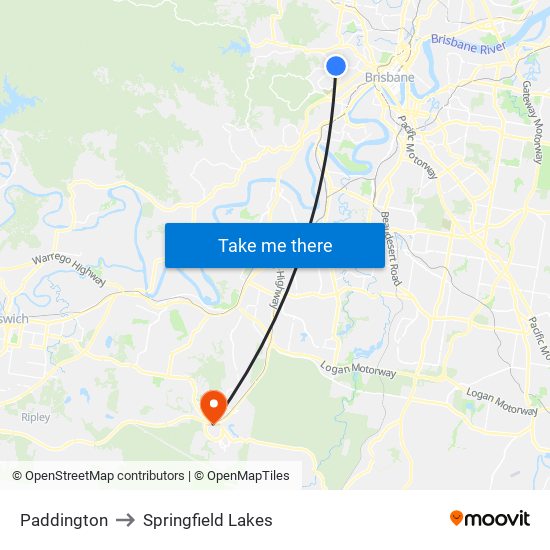 Paddington to Springfield Lakes map