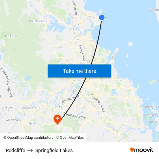 Redcliffe to Springfield Lakes map