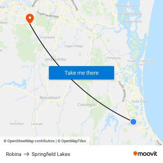 Robina to Springfield Lakes map