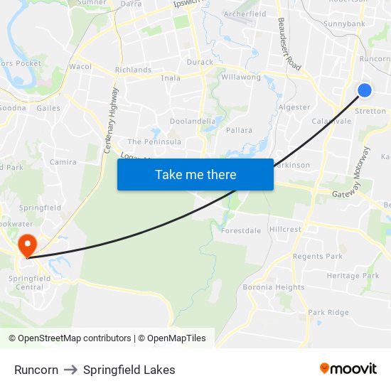 Runcorn to Springfield Lakes map