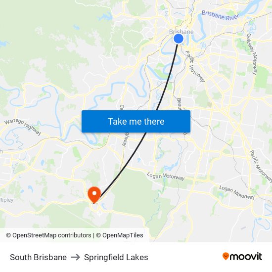 South Brisbane to Springfield Lakes map