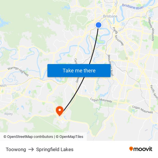 Toowong to Springfield Lakes map