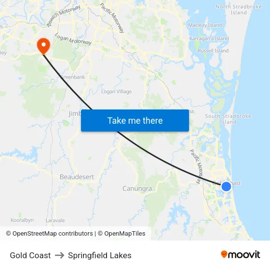 Gold Coast to Springfield Lakes map