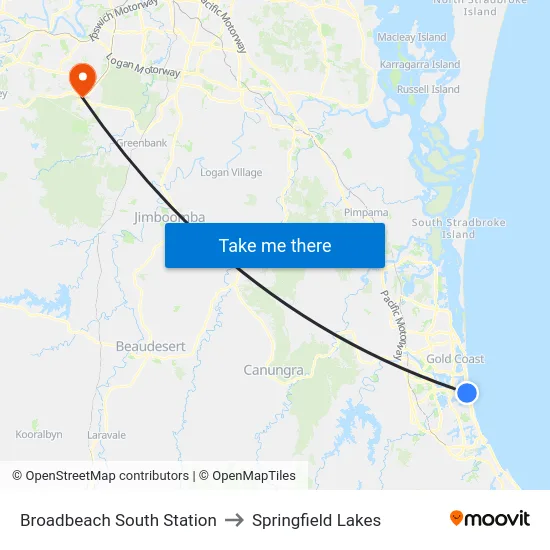 Broadbeach South Station to Springfield Lakes map