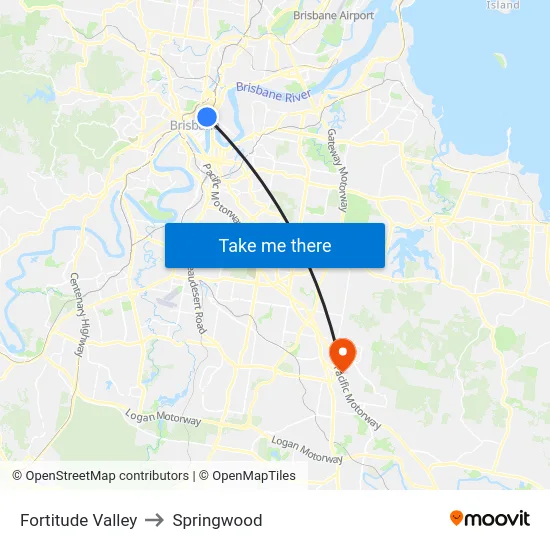 Fortitude Valley to Springwood map