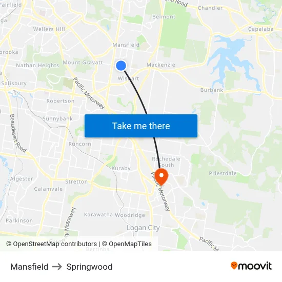 Mansfield to Springwood map