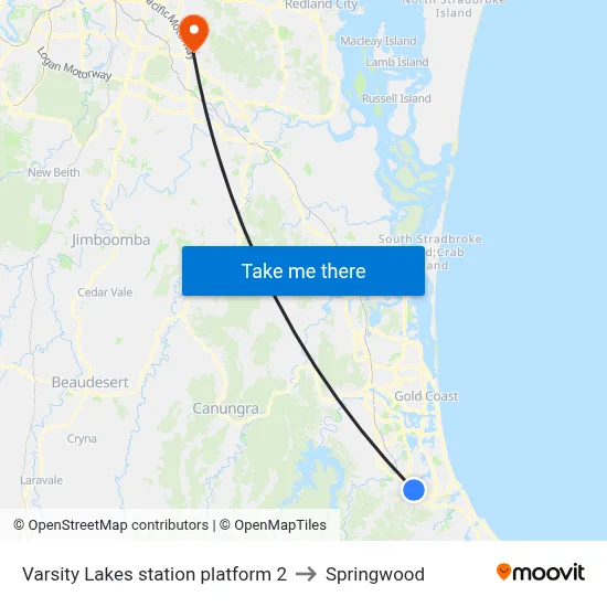 Varsity Lakes station platform 2 to Springwood map