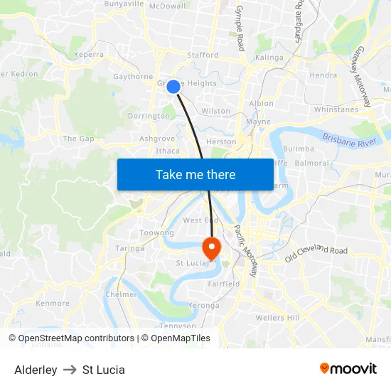 Alderley to St Lucia map