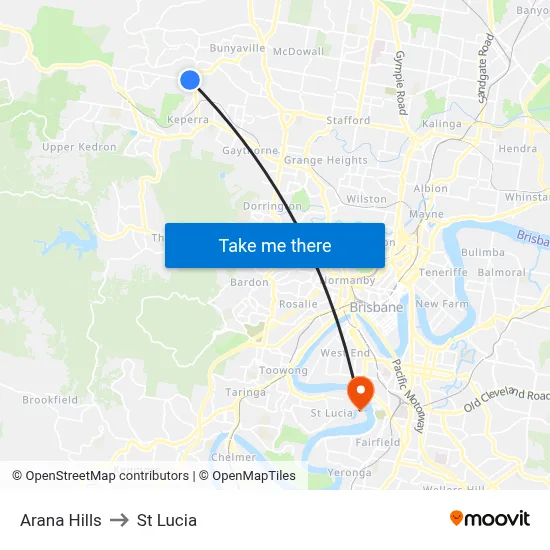 Arana Hills to St Lucia map