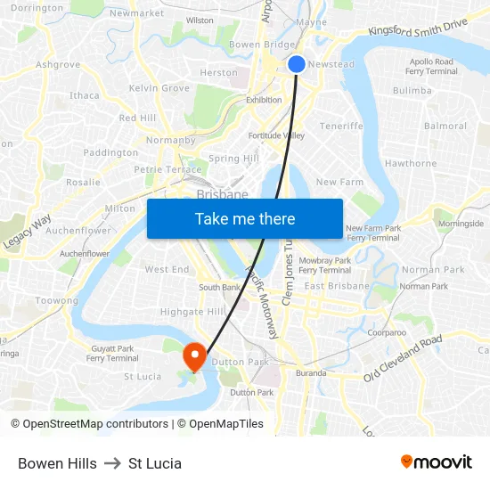 Bowen Hills to St Lucia map