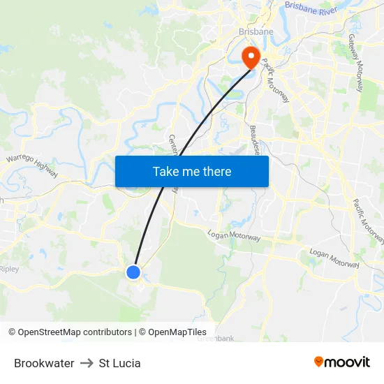 Brookwater to St Lucia map