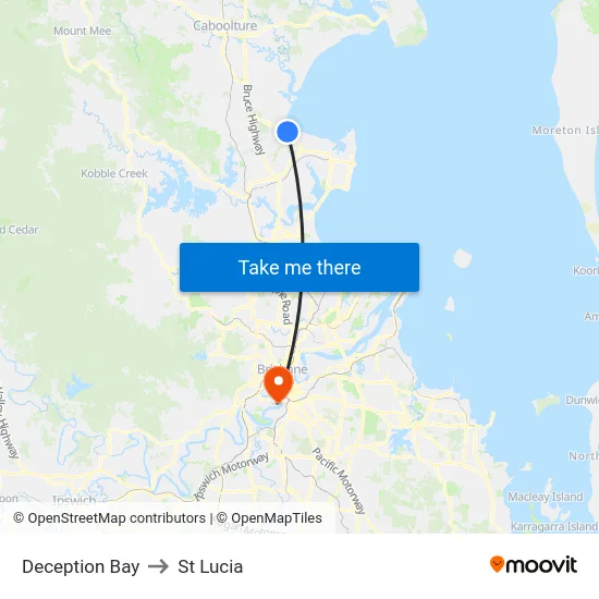 Deception Bay to St Lucia map