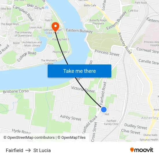 Fairfield to St Lucia map