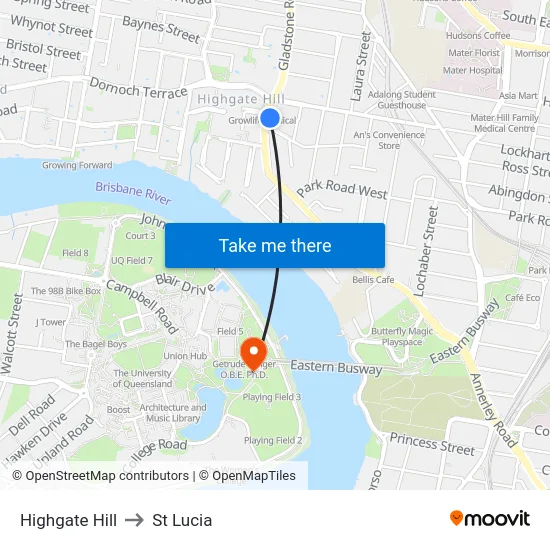 Highgate Hill to St Lucia map