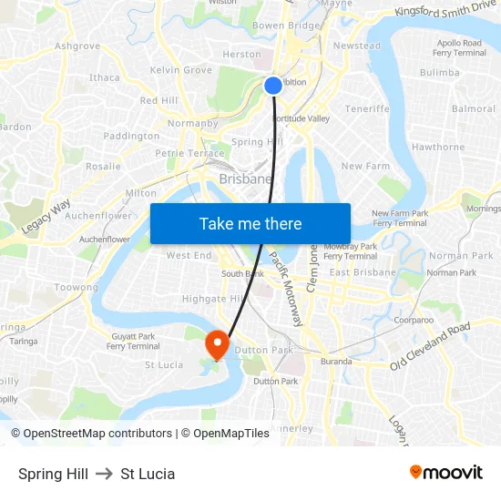 Spring Hill to St Lucia map