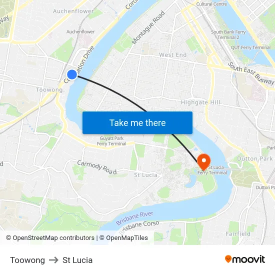 Toowong to St Lucia map