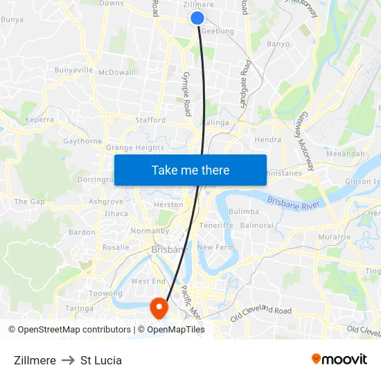 Zillmere to St Lucia map