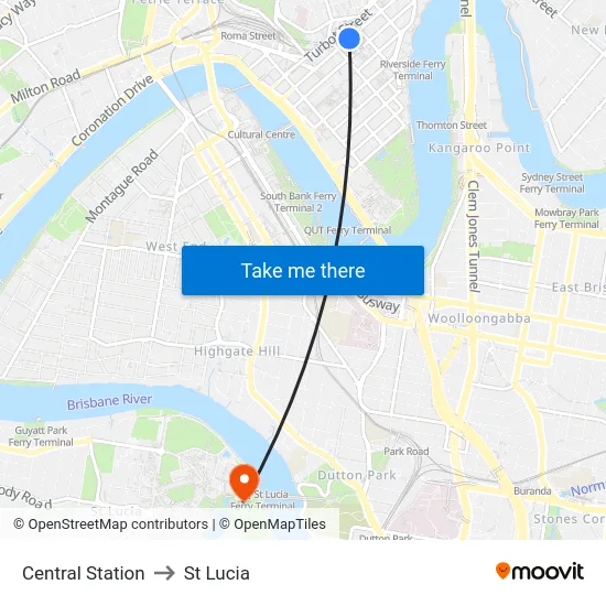 Central Station to St Lucia map