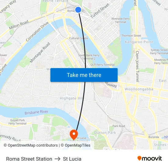 Roma Street Station to St Lucia map