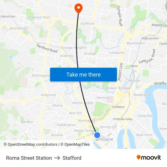 Roma Street Station to Stafford map