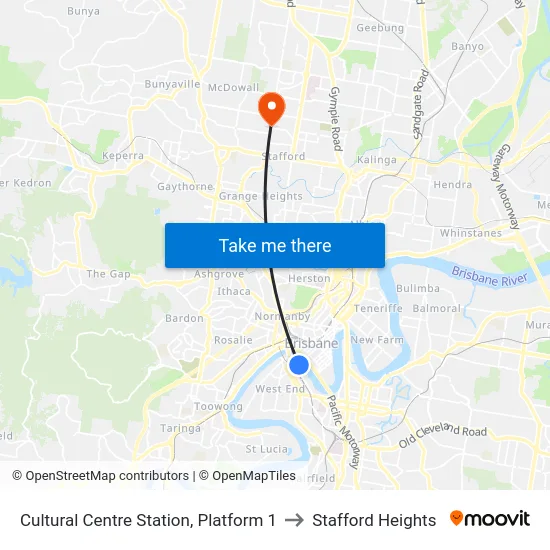 Cultural Centre Station, Platform 1 to Stafford Heights map
