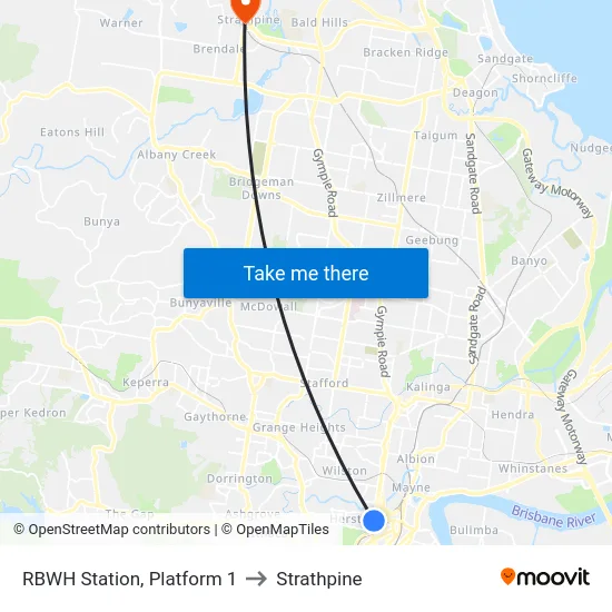 RBWH Station, Platform 1 to Strathpine map