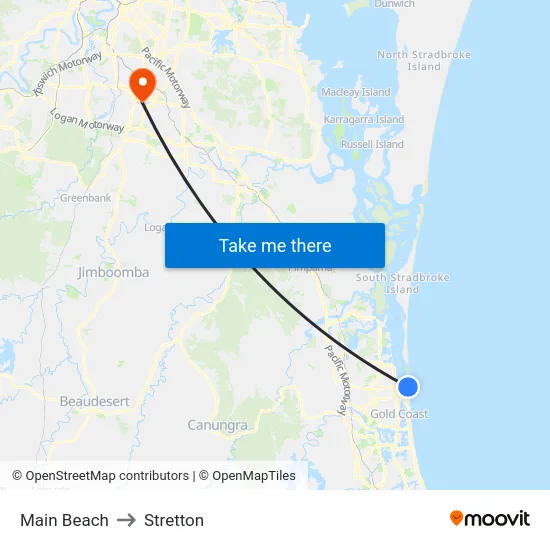 Main Beach to Stretton map