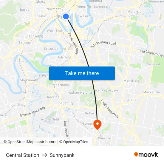 Central Station to Sunnybank map