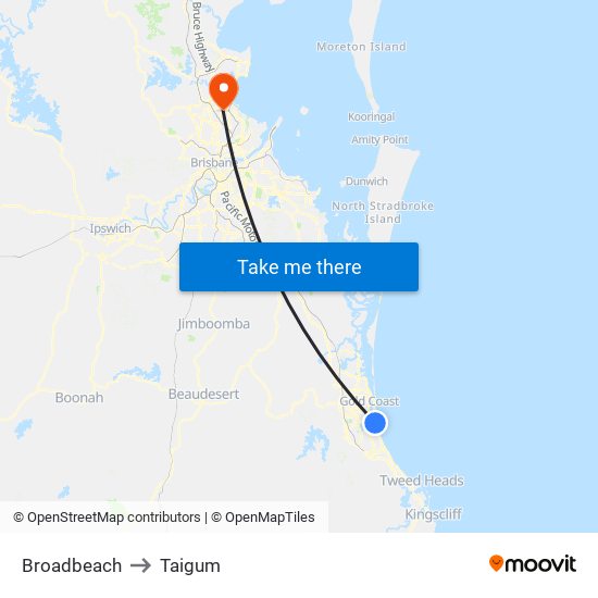 Broadbeach to Taigum map