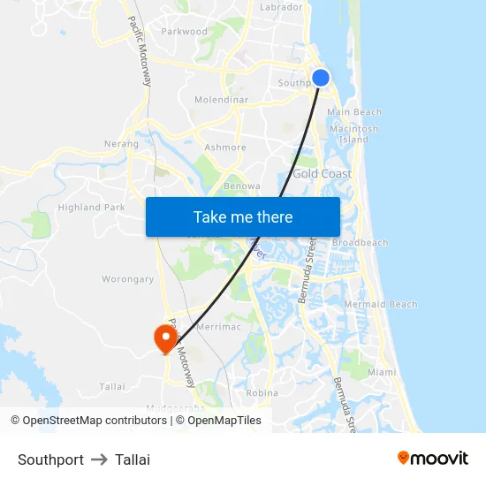 Southport to Tallai map