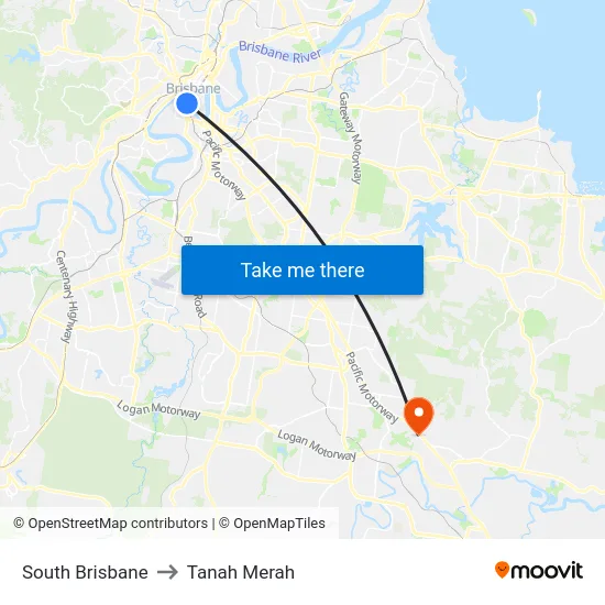South Brisbane to Tanah Merah map