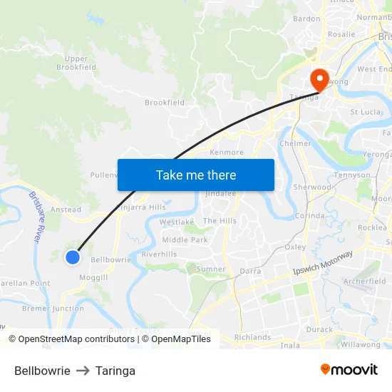 Bellbowrie to Taringa map