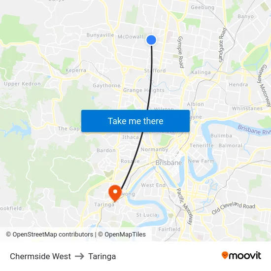 Chermside West to Taringa map