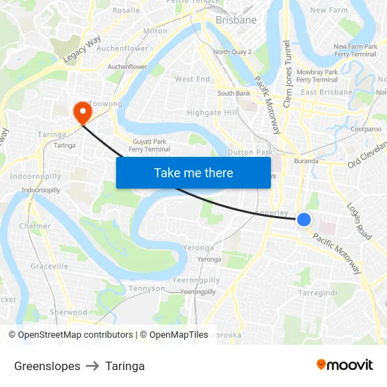 Greenslopes to Taringa map