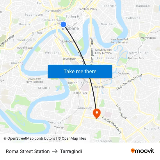 Roma Street Station to Tarragindi map