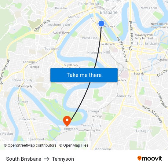 South Brisbane to Tennyson map