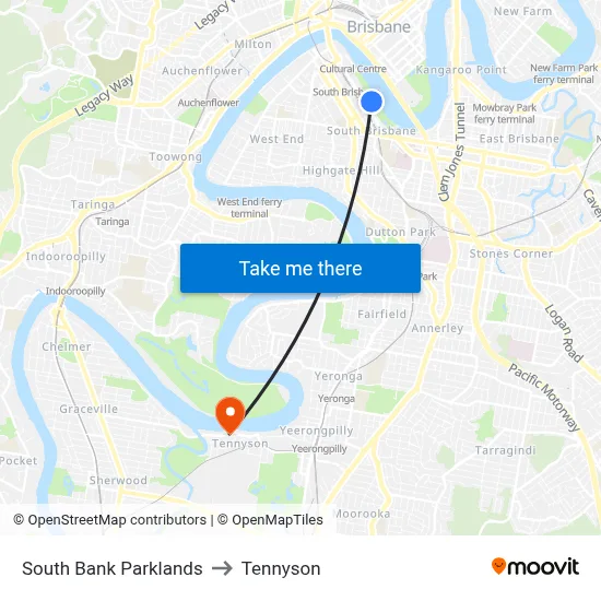 South Bank Parklands to Tennyson map