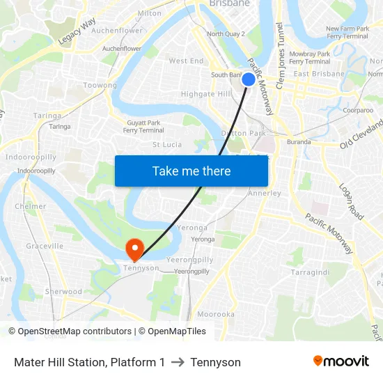 Mater Hill Station, Platform 1 to Tennyson map