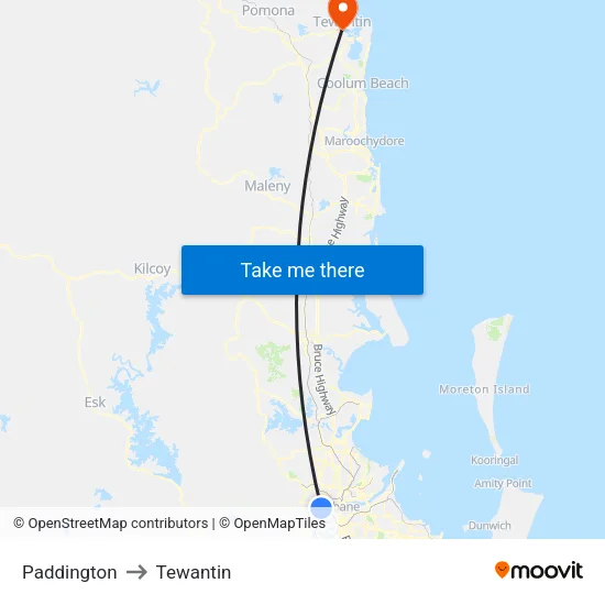 Paddington to Tewantin map