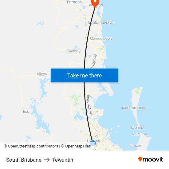 South Brisbane to Tewantin map