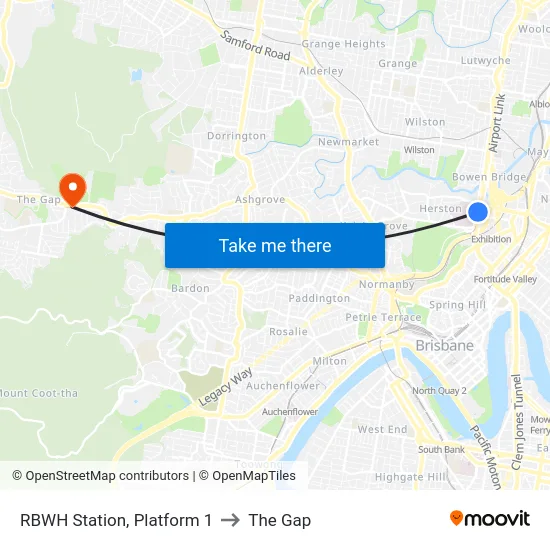 RBWH Station, Platform 1 to The Gap map