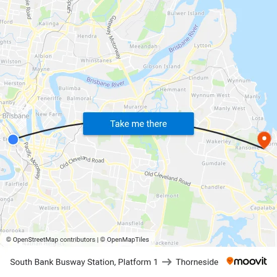 South Bank Busway Station, Platform 1 to Thorneside map