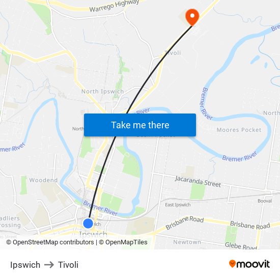 Ipswich to Tivoli map