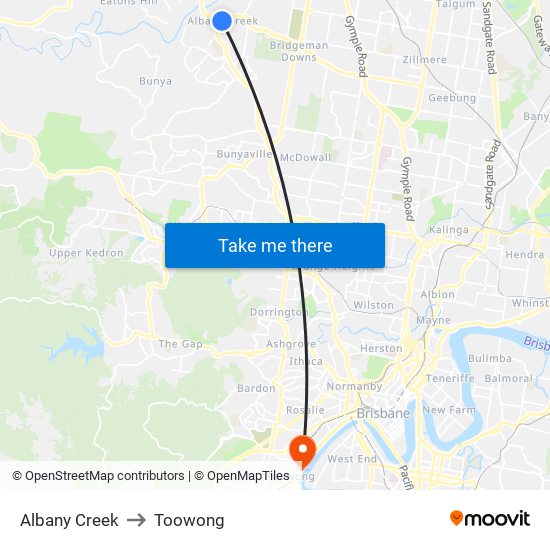 Albany Creek to Toowong map