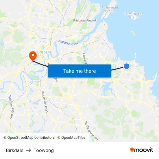 Birkdale to Toowong map