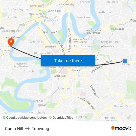 Camp Hill to Toowong map
