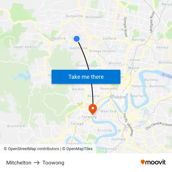Mitchelton to Toowong map